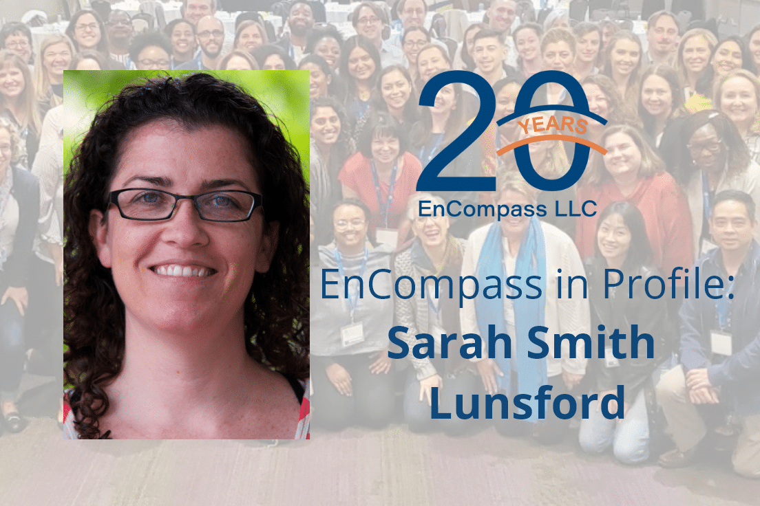 Photo of Sarah Smith Lunsford next to the EnCompass 20 Years logo and the words "EnCompass in Profile"