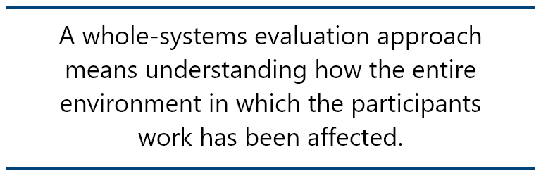 pull quote: A whole-systems evaluation approach means understanding how the entire environment in which the participants work has been affected.
